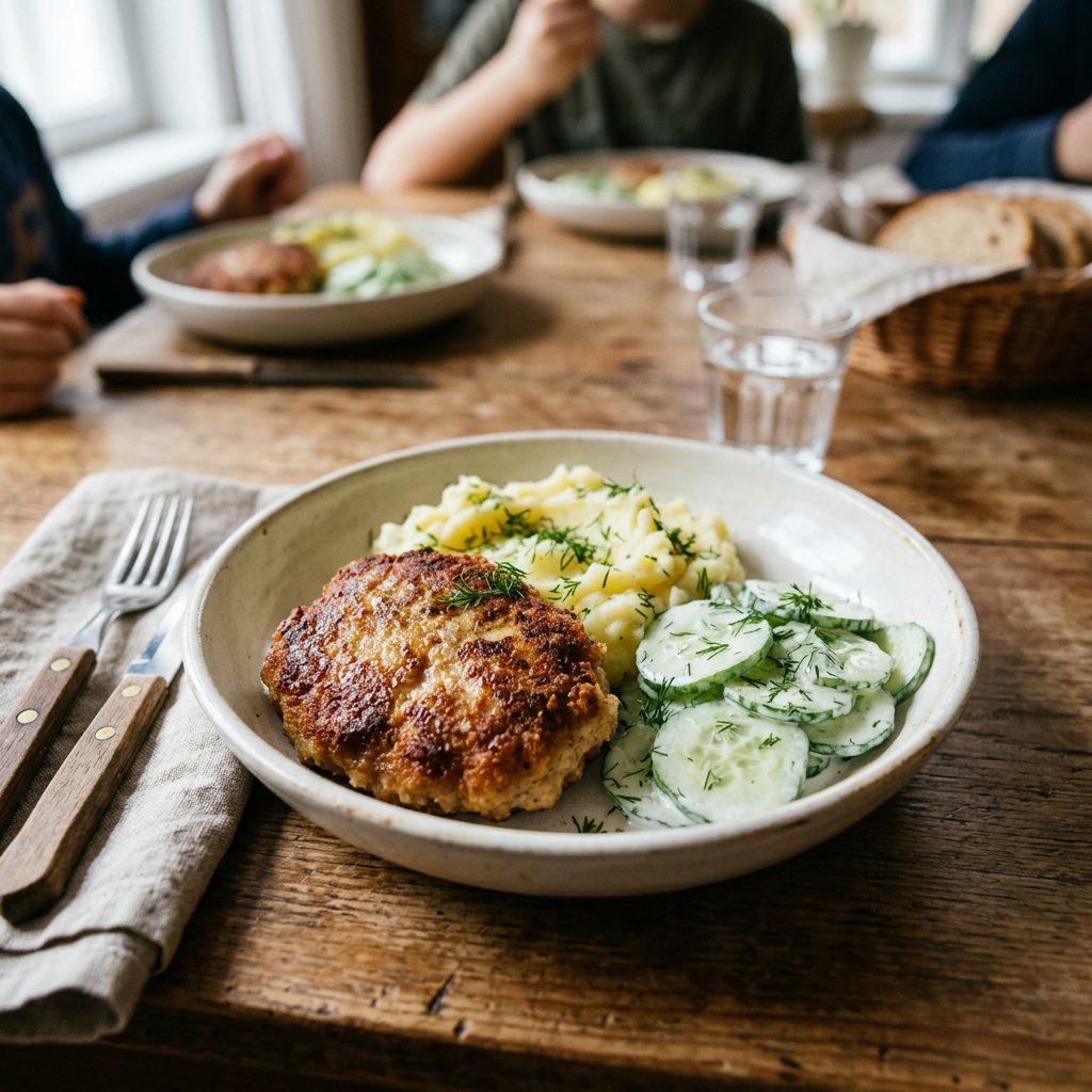 Kotlet mielony z ziemniakami i mizerią