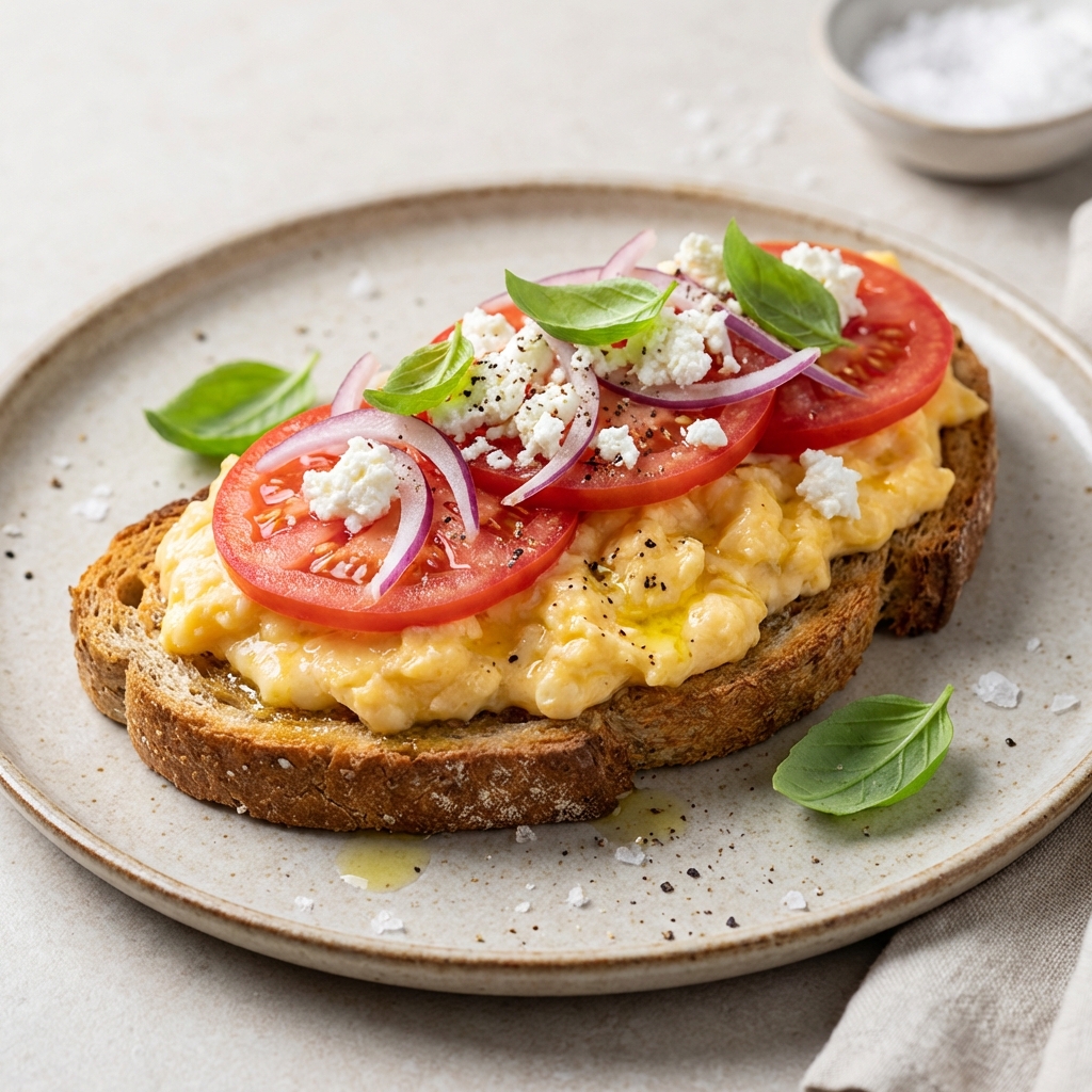 Tost z Jajecznicą, Twarogiem i Pomidorem