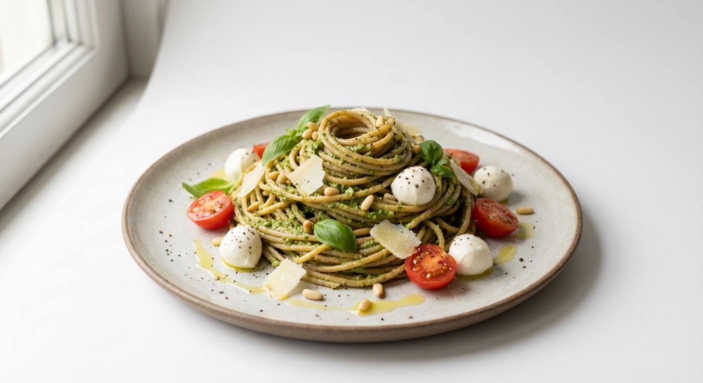 Razowe spaghetti z pesto, mozzarellą