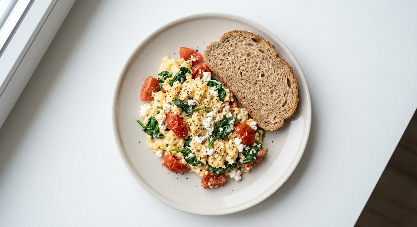 Jajecznica ze szpinakiem, twarogiem i pomidorami