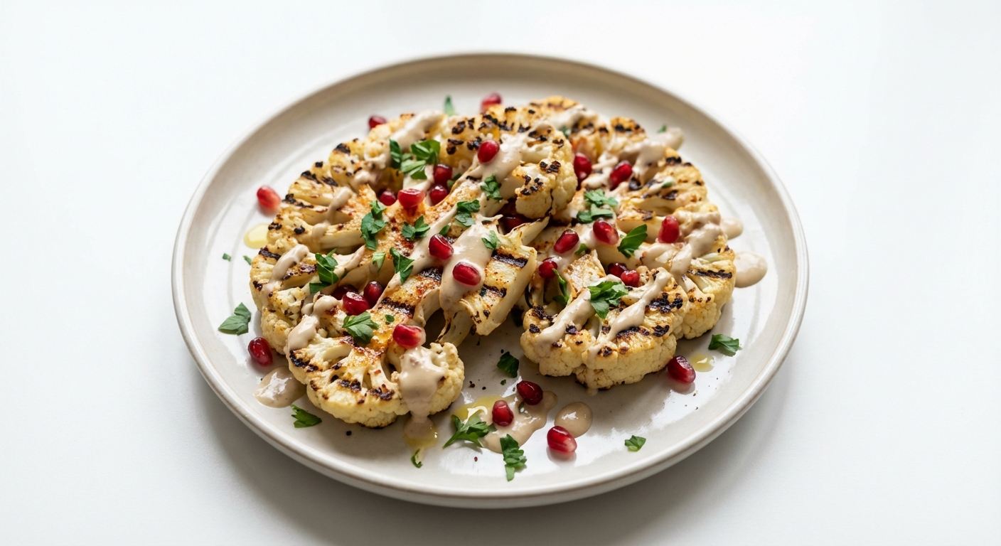 Grillowany Kalafior z Tahini, Granatem i Pietruszką