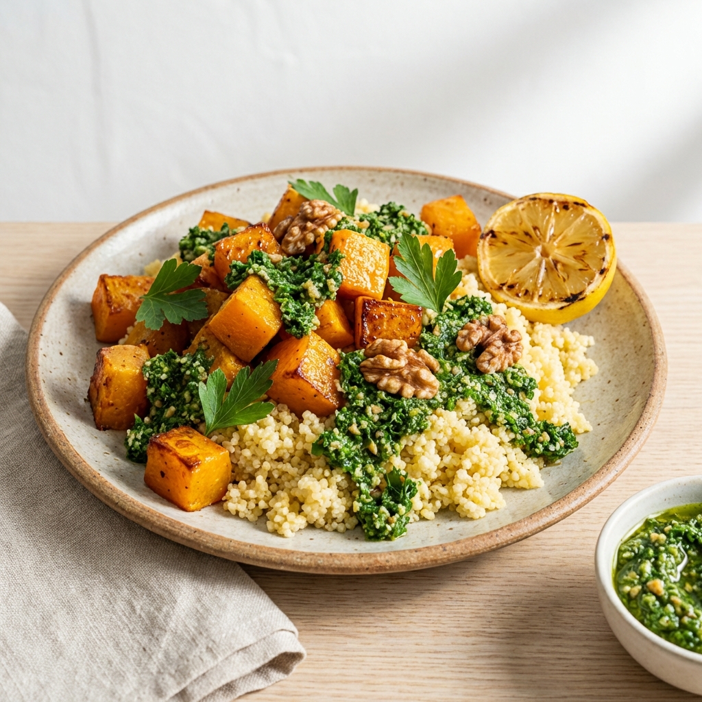 Pieczona Dynia z Kaszą i Pesto