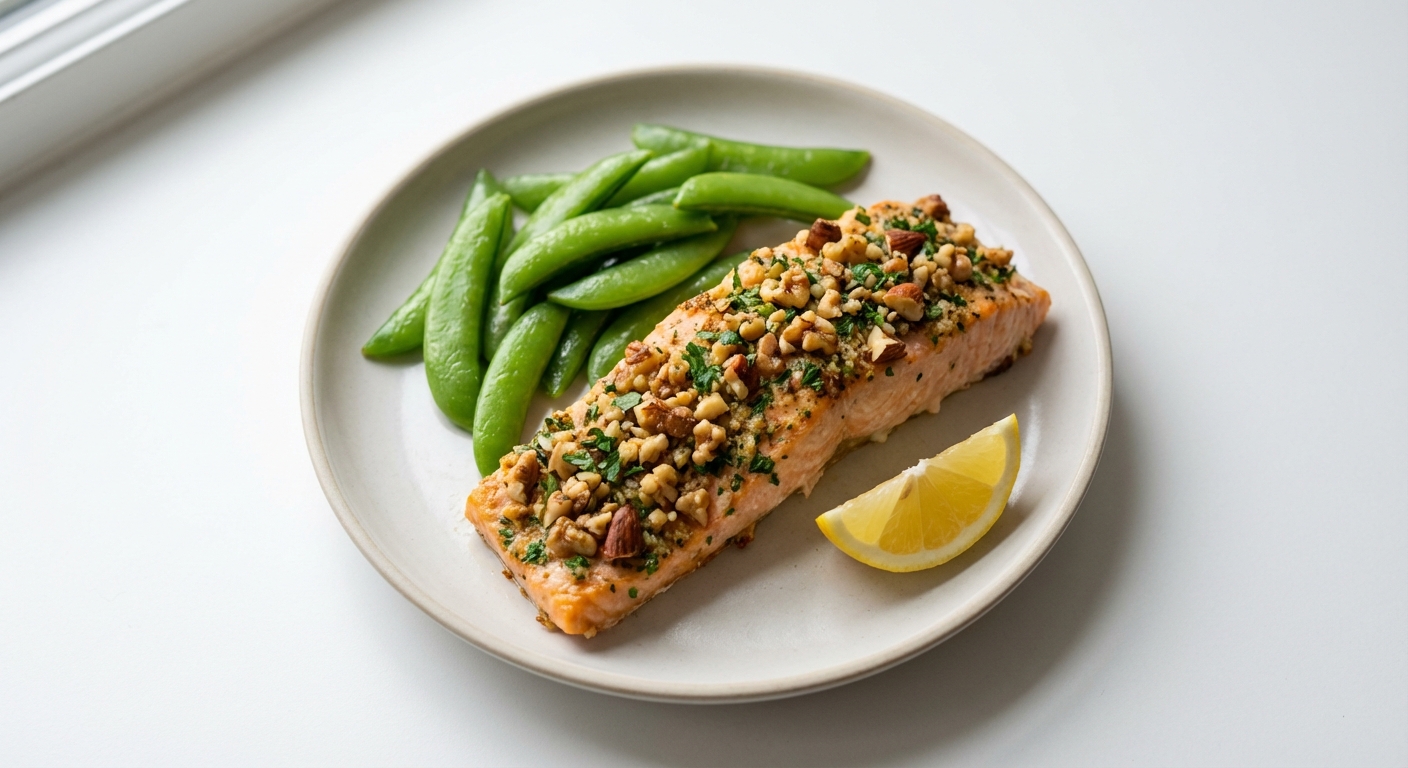 Łosoś w orzechach z groszkiem