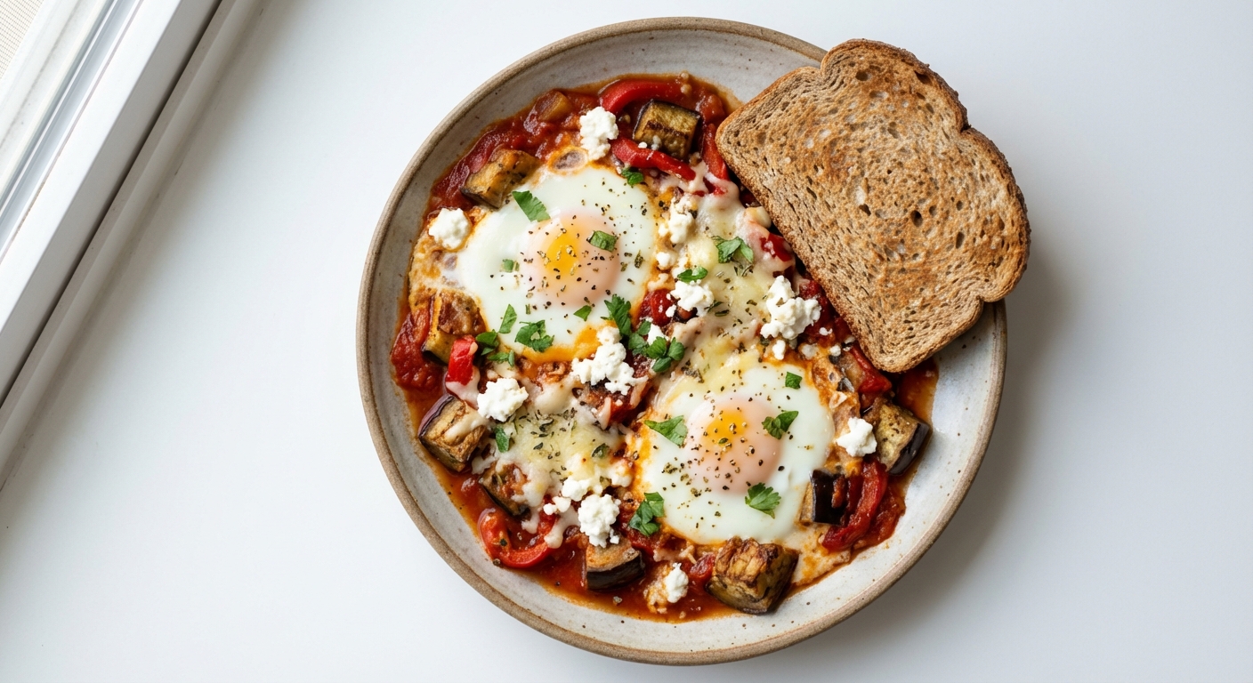 Szakszuka z Bakłażanem, Twarogiem i Gruyere