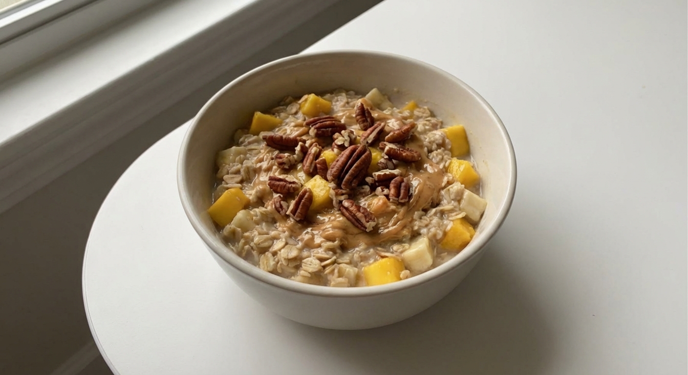 Nocna owsianka z mango i pekanami