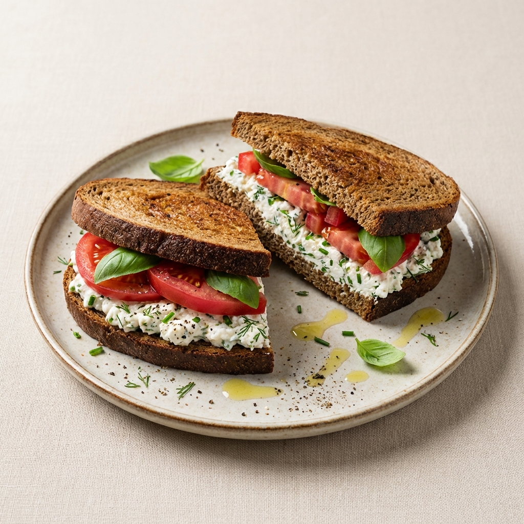 Żytnia kanapka z twarogiem i pomidorem