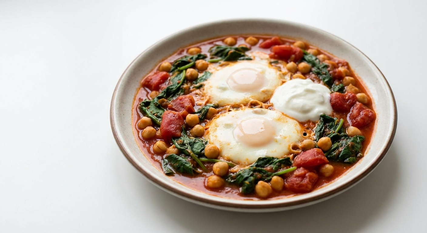 Jajka w Pomidorach ze Szpinakiem i Ciecierzycą