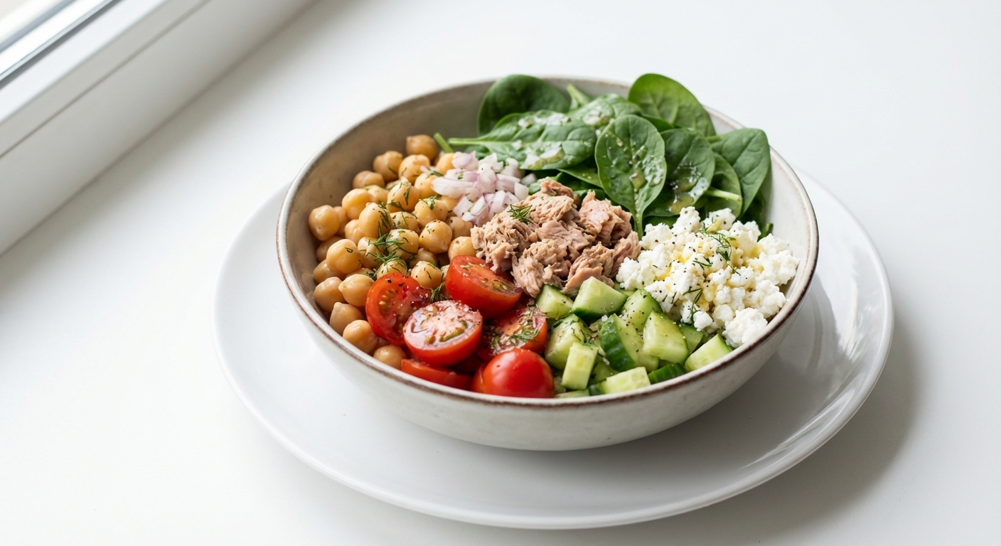 Sałatka z Tuńczykiem, Ciecierzycą i Twarogiem