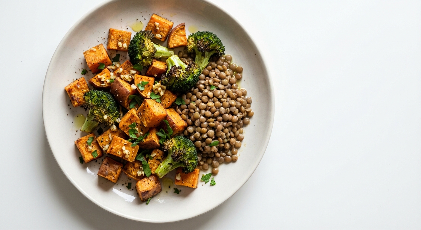 Pieczone bataty, brokuły i soczewica