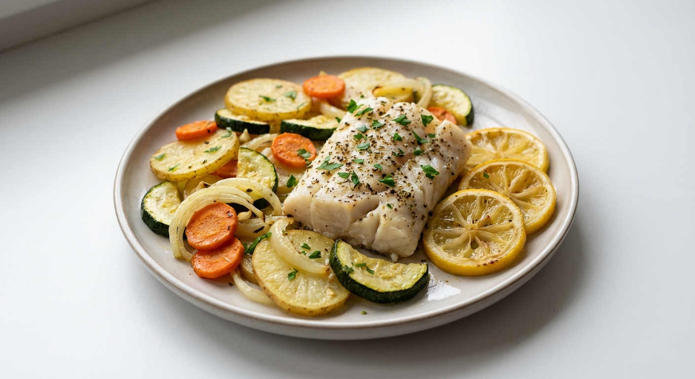 Pieczony dorsz z warzywami i cytryną