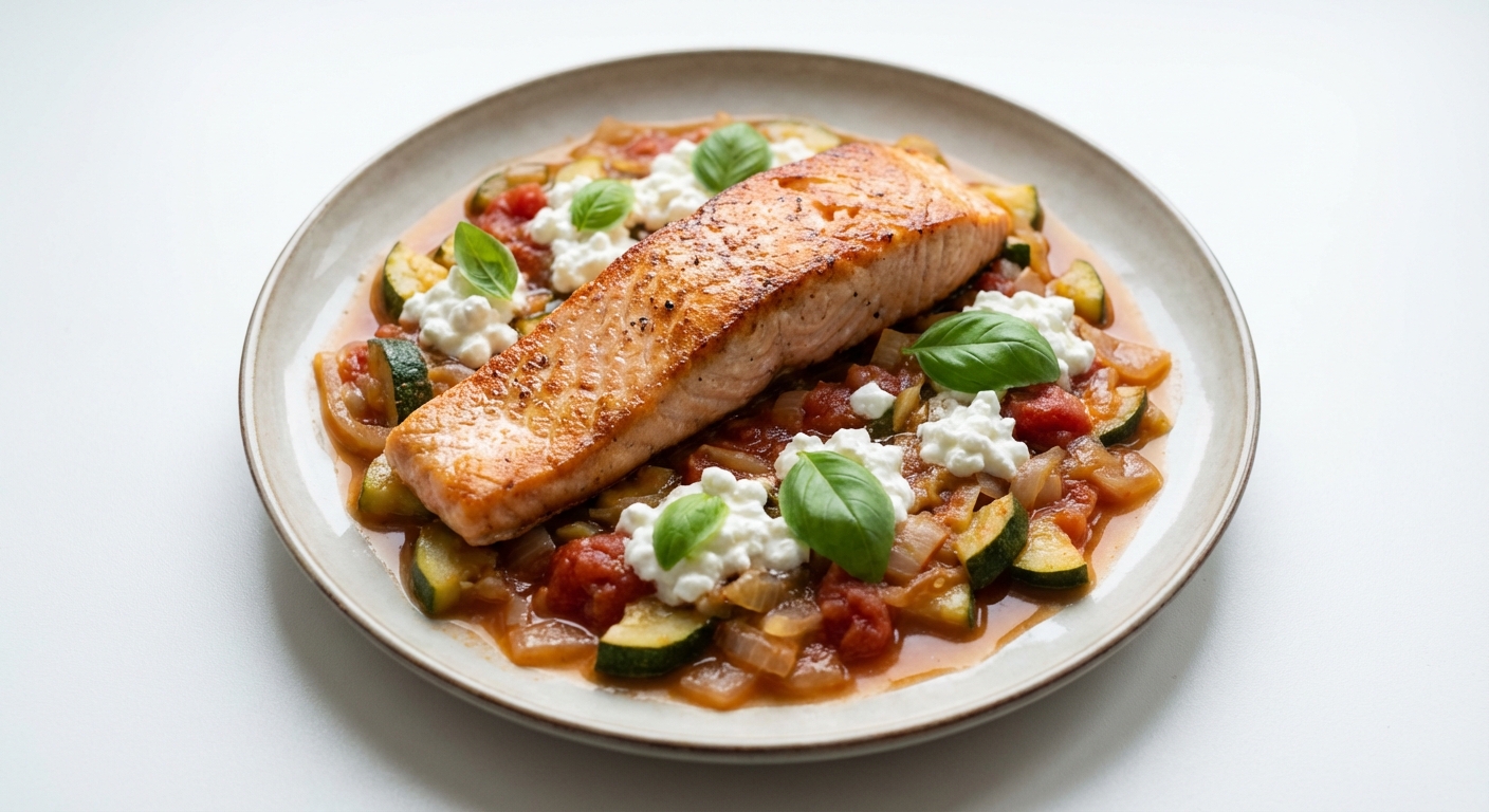 Łosoś w Pomidorach z Twarogiem i Bazylią