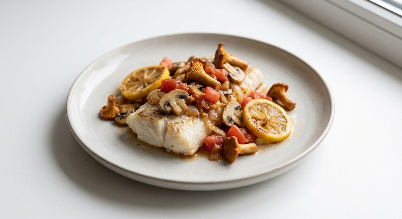 Dorsz z Kurkami, Pomidorami i Cytryną