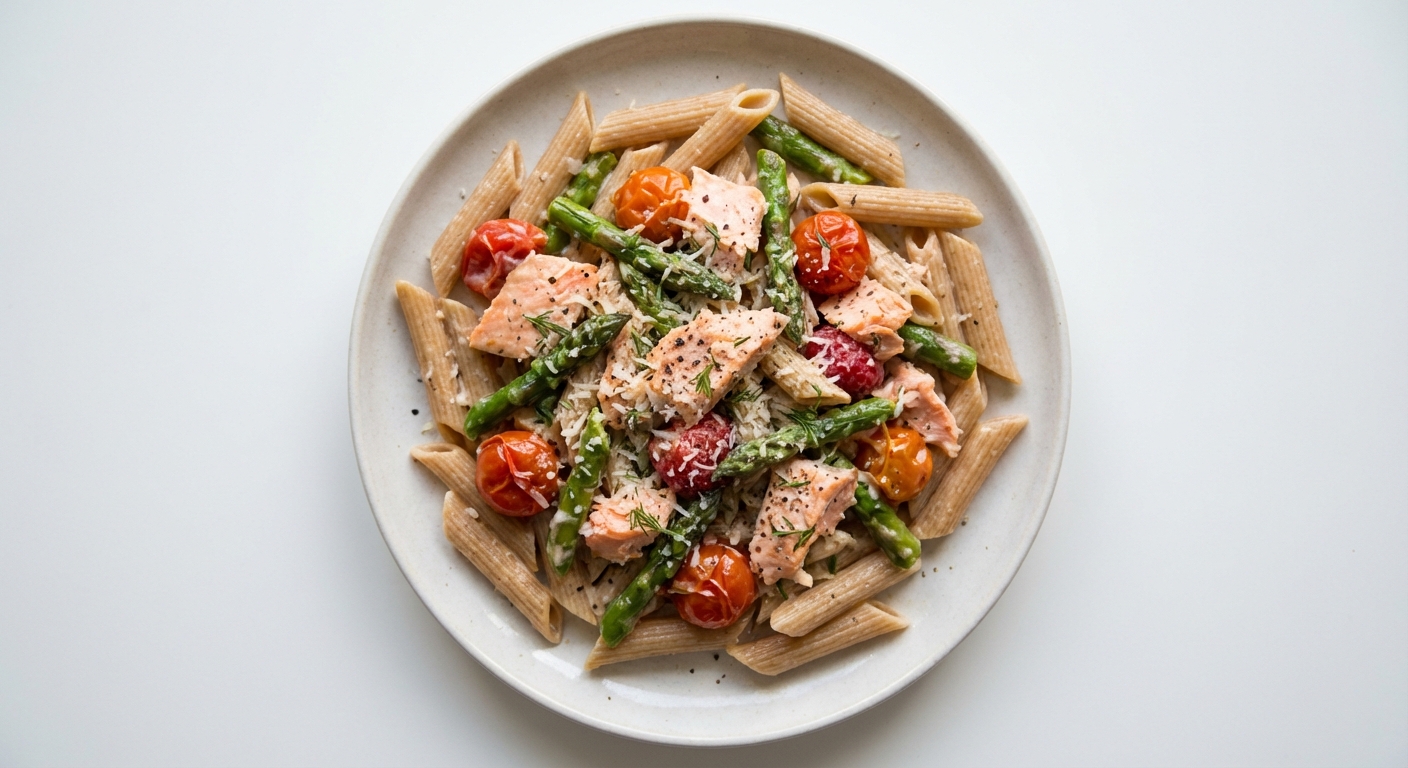 Penne z łososiem, szparagami i pomidorami