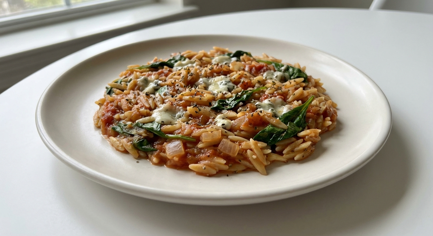 Orzo z Pomidorami, Gorgonzolą i Szpinakiem