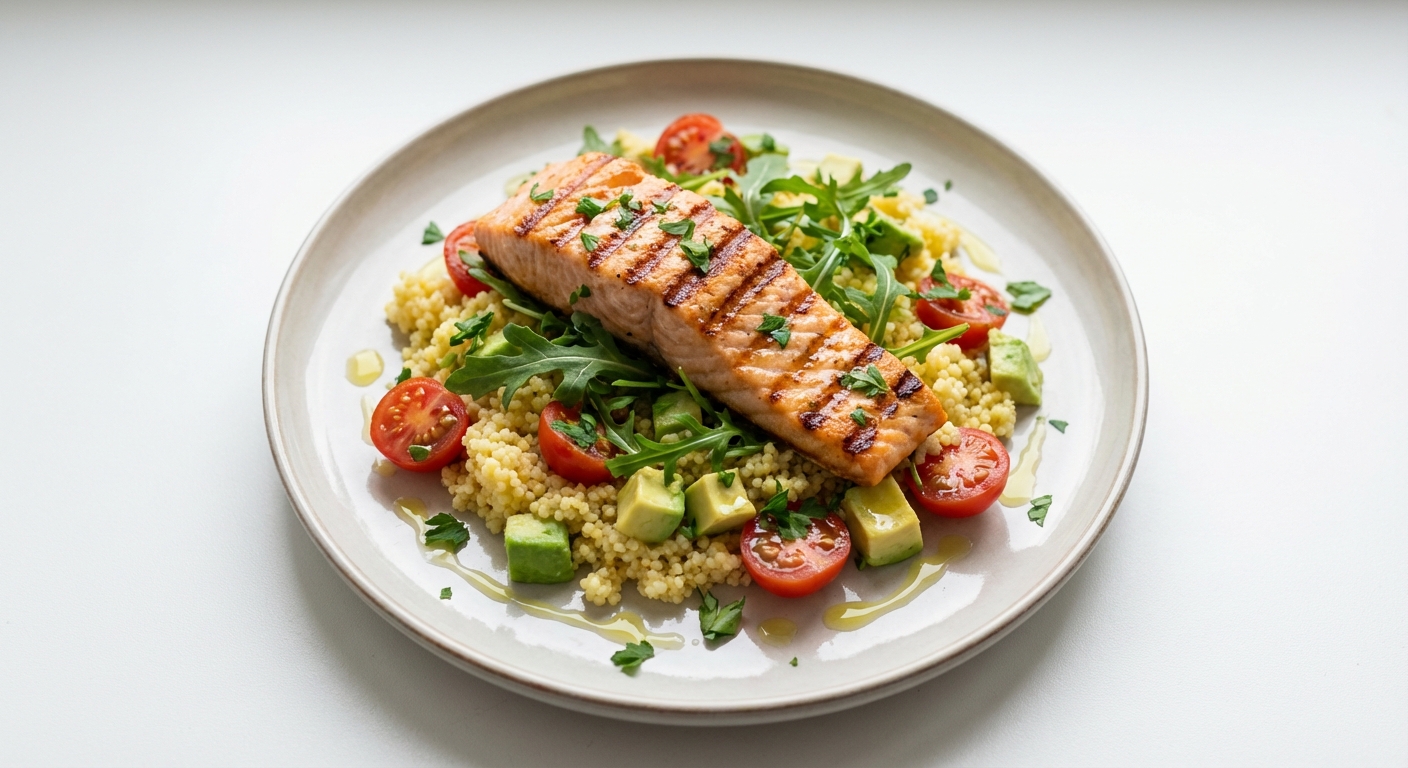 Łosoś z kaszą jaglaną i rukolą