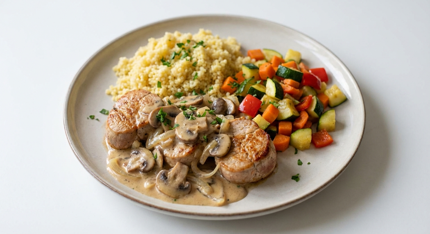 Polędwiczki, pieczarki, kasza jaglana i warzywa