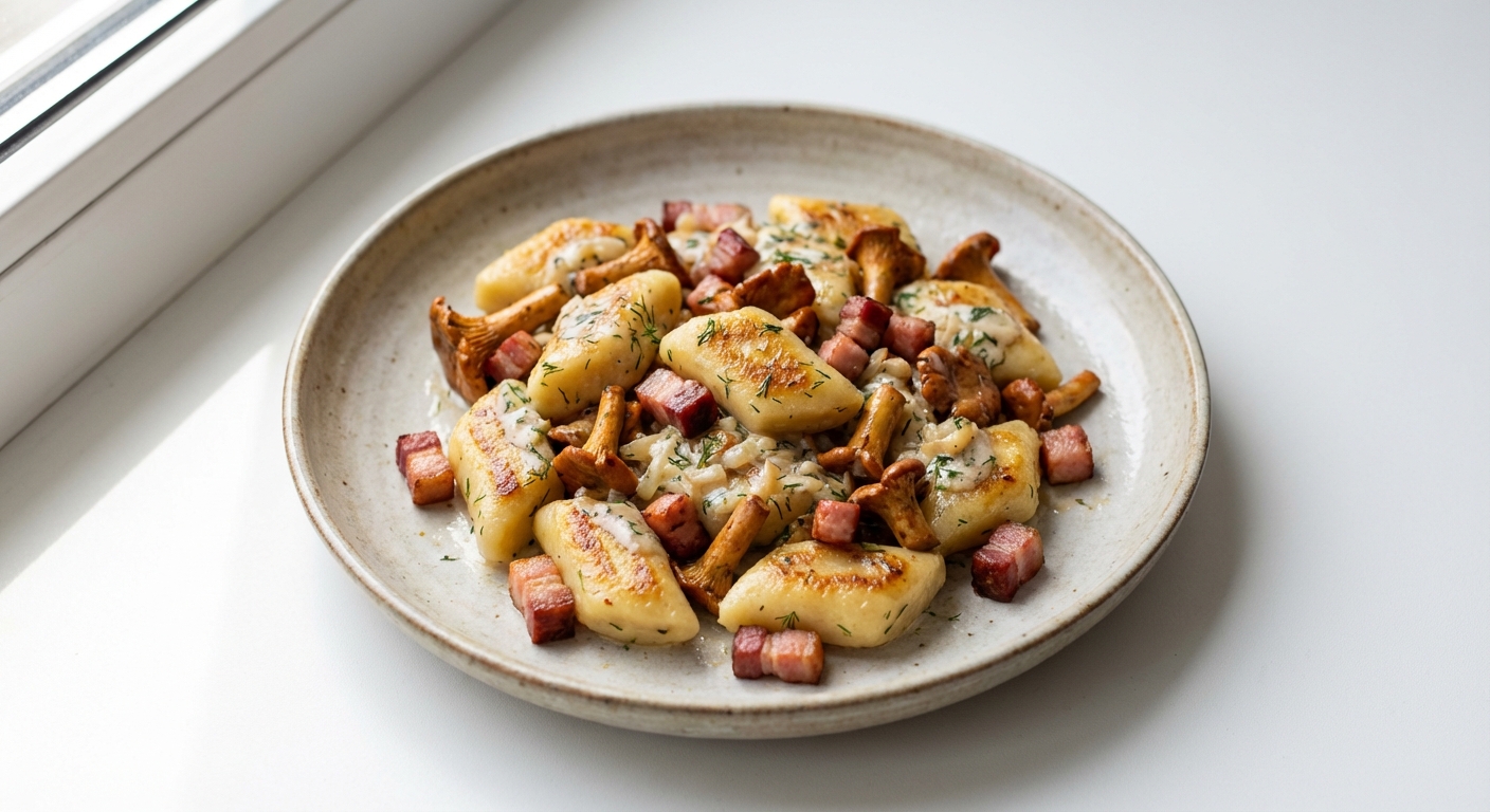 Kopytka z Kurkami, Boczkiem i Koperkiem