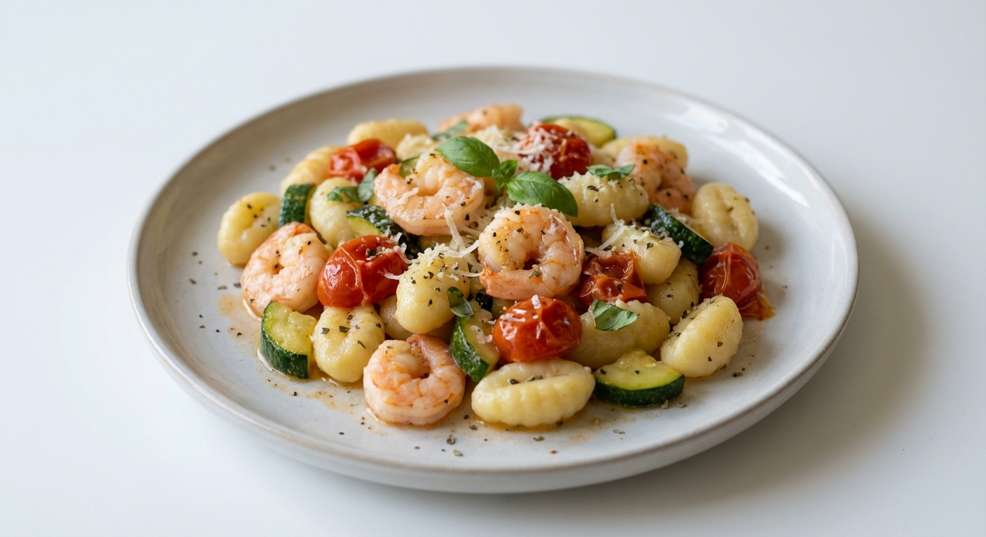 Gnocchi z krewetkami, cukinią i pomidorkami