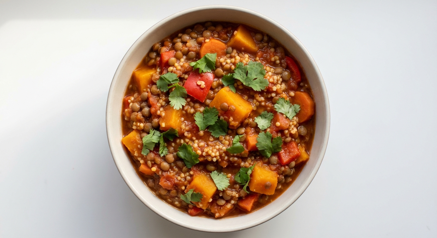 Gulasz z soczewicy, dyni i kaszy