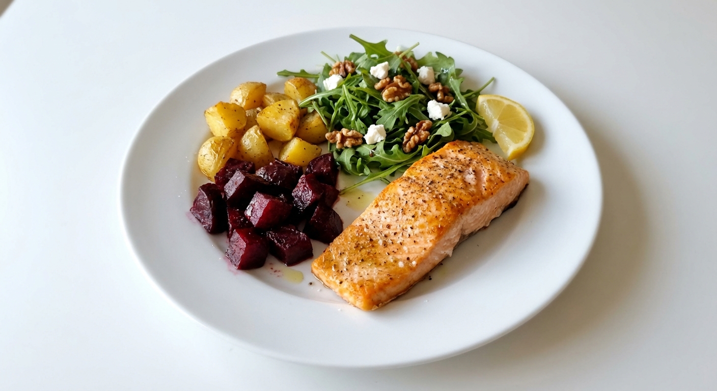 Pieczony łosoś z burakami i rukolą