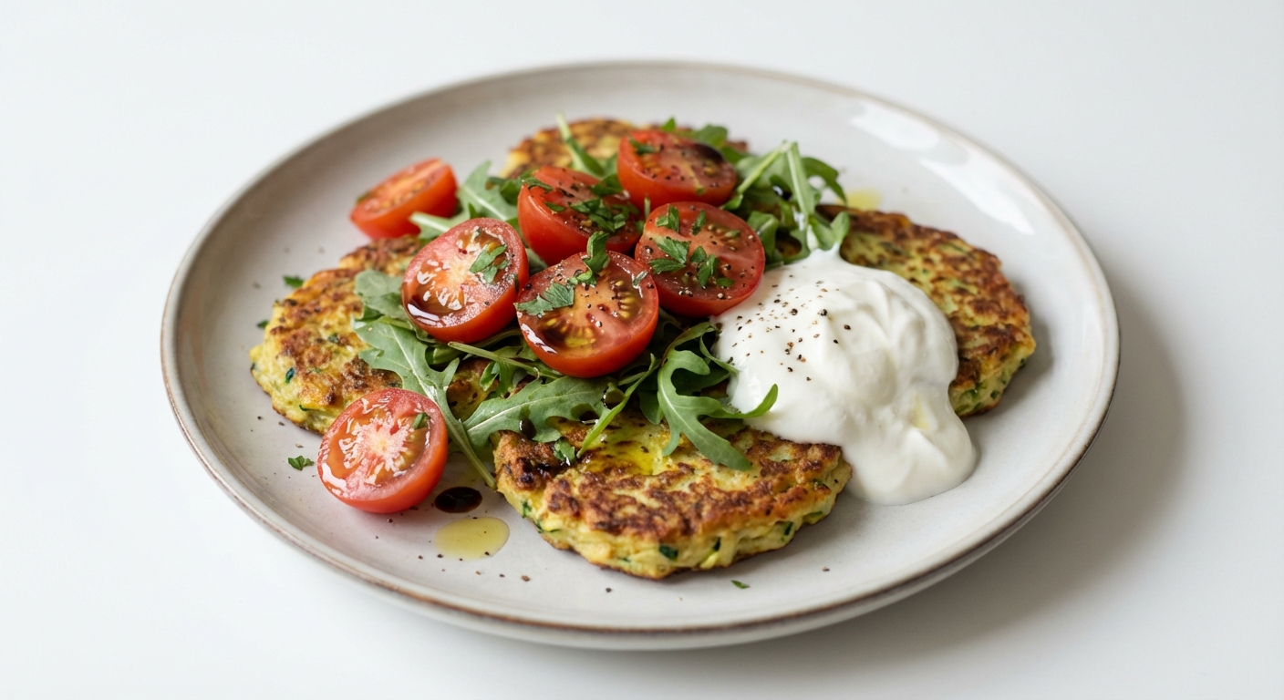 Placki z Cukinii, Pomidory, Rukola i Jogurt