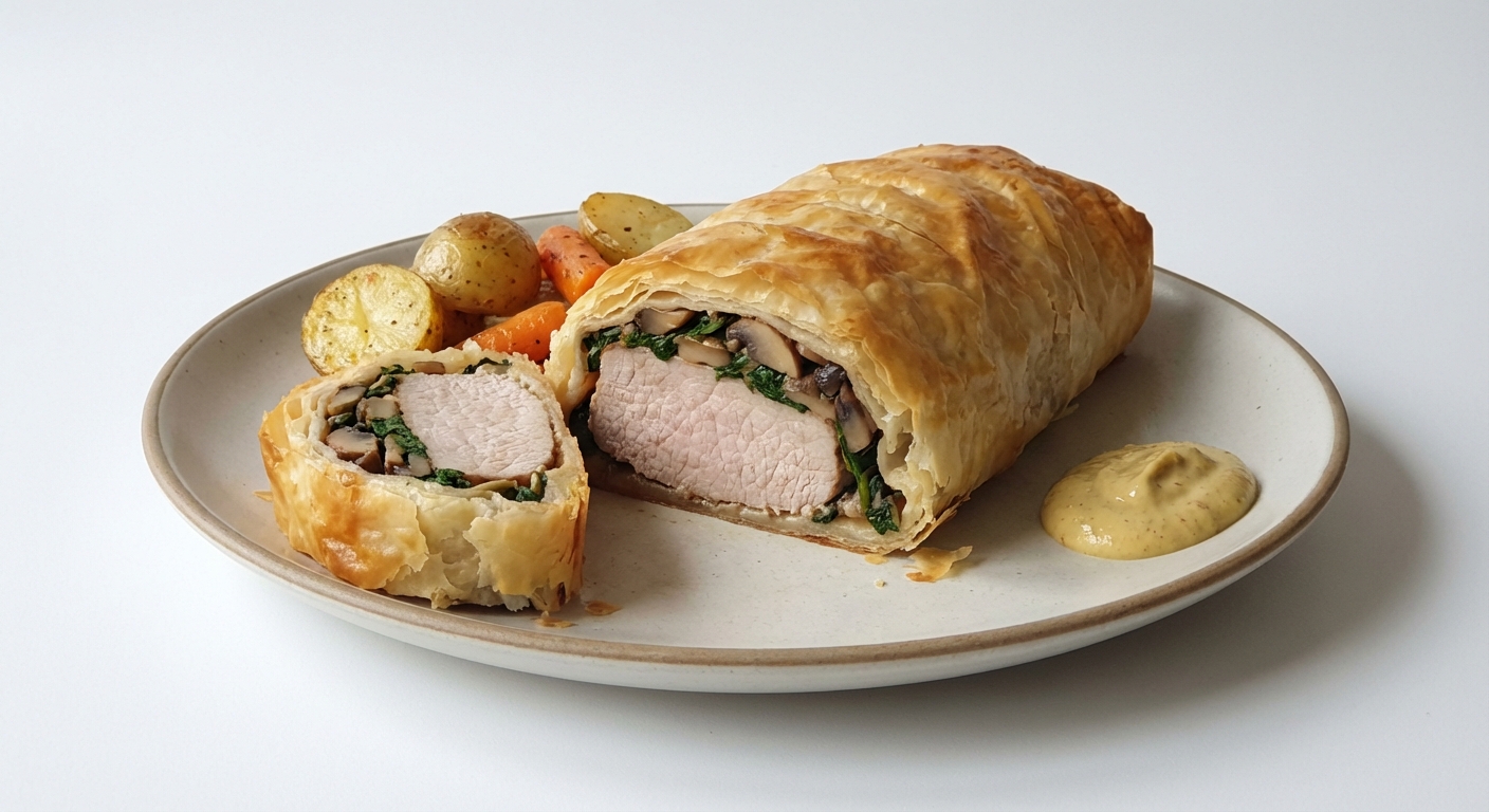 Schab w cieście filo z pieczarkami