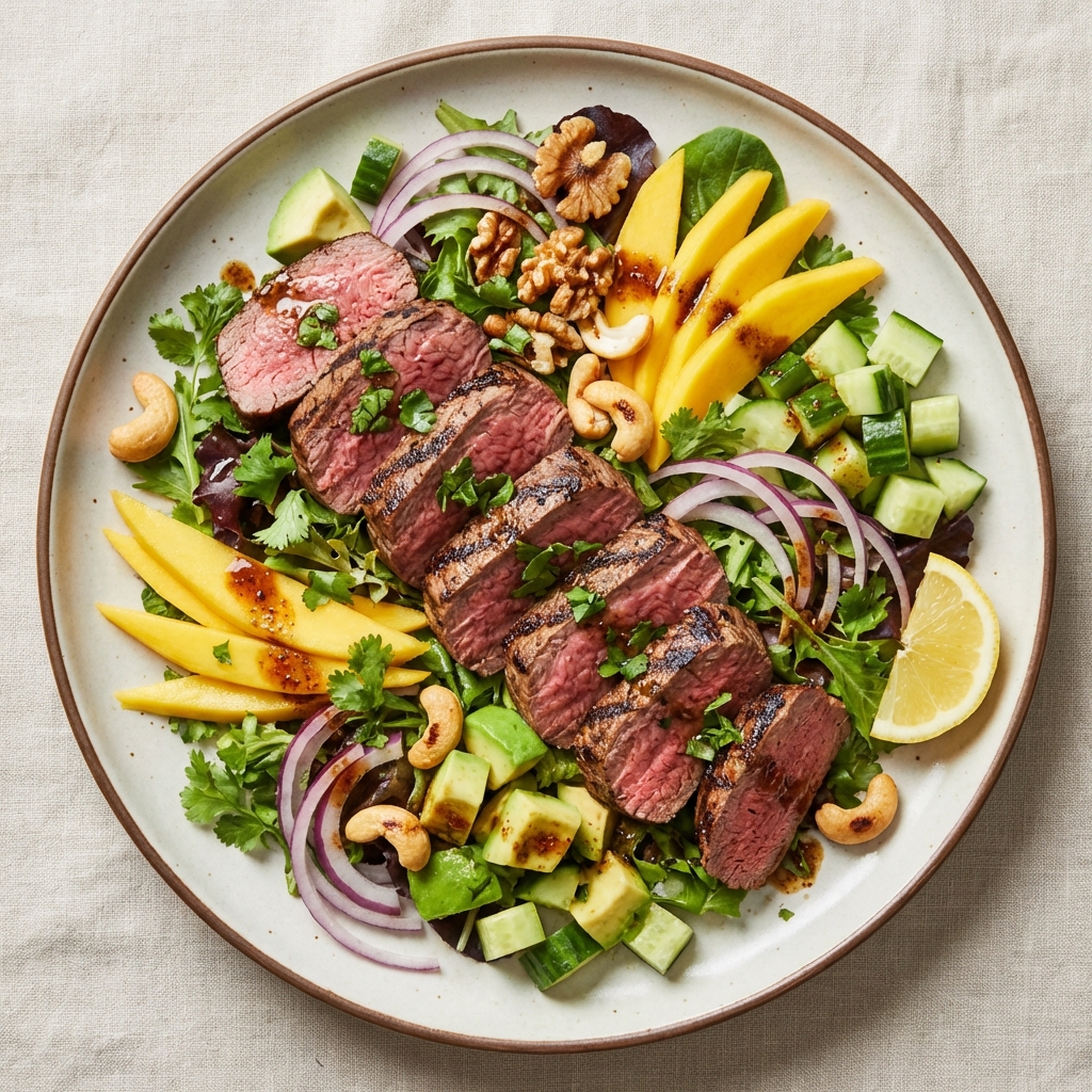 Sałatka z wołowiną, mango i orzechami
