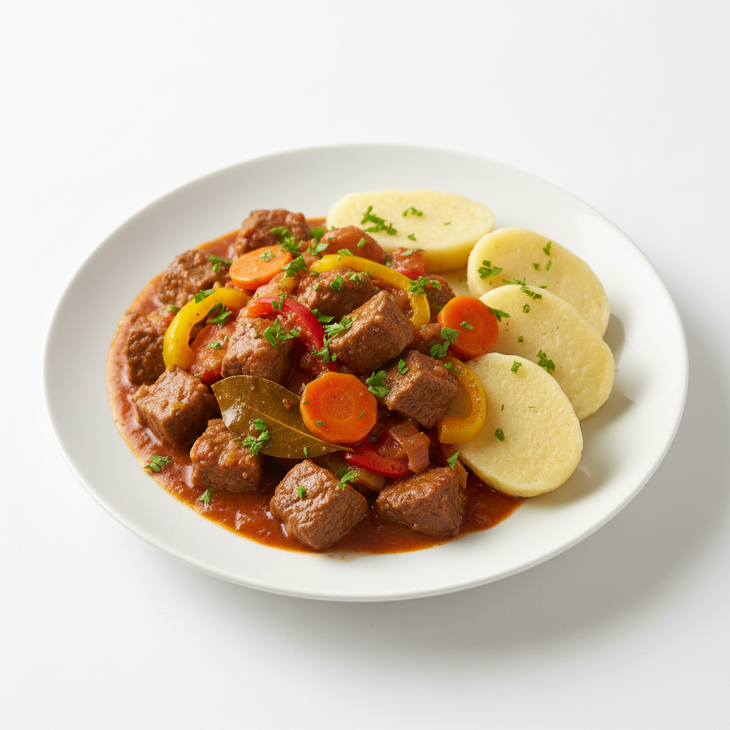 Wołowy gulasz z kluskami ziemniaczanymi