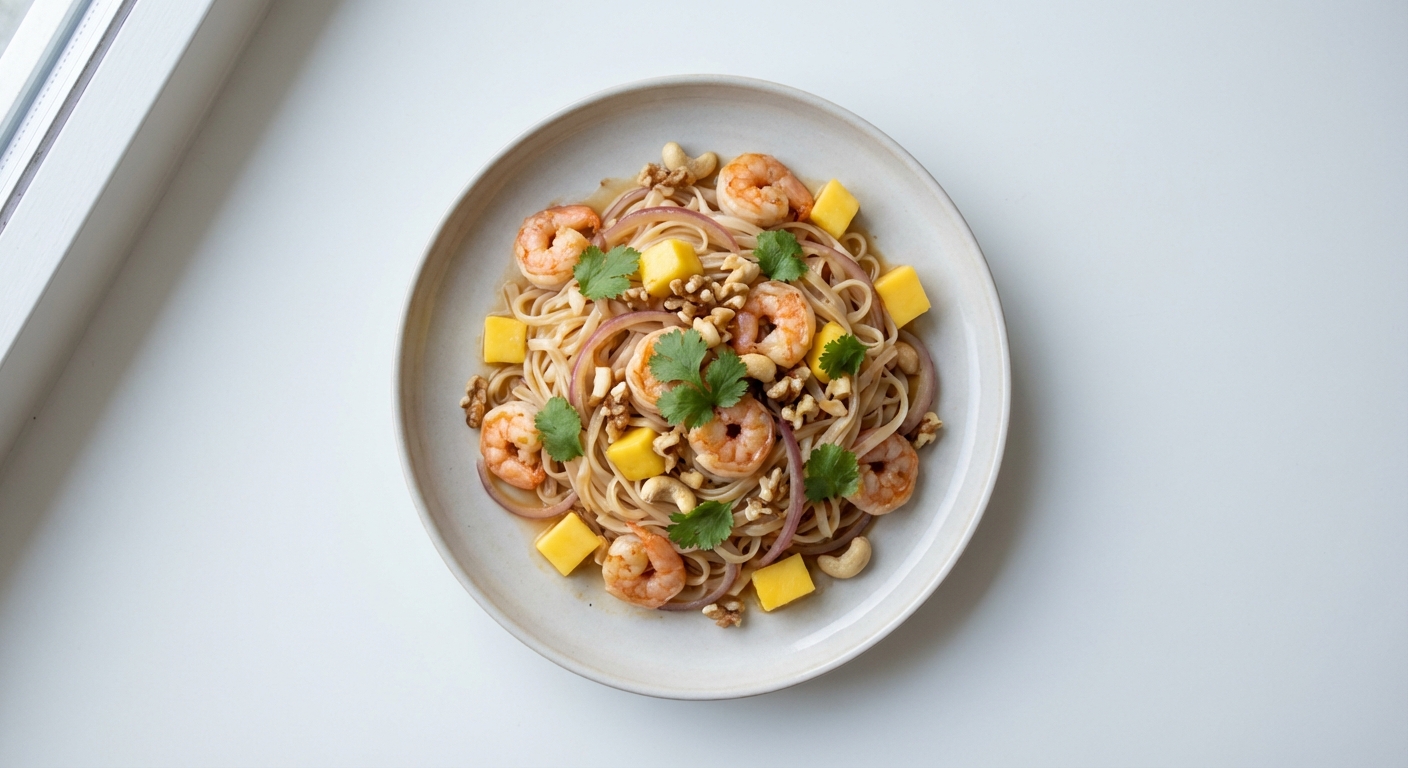 Makaron Ryżowy z Krewetkami, Mango i Orzechami