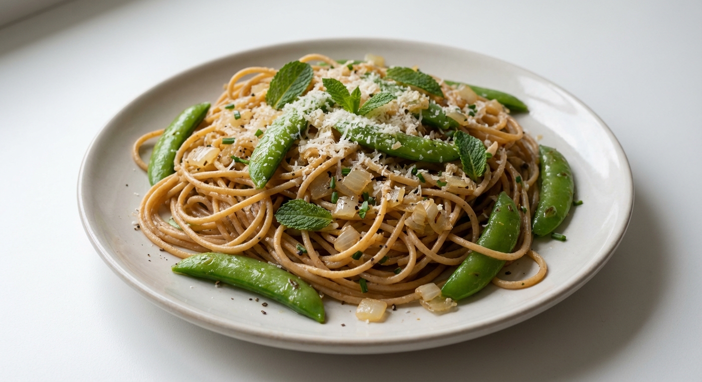 Spaghetti z Groszkiem, Miętą i Parmezanem