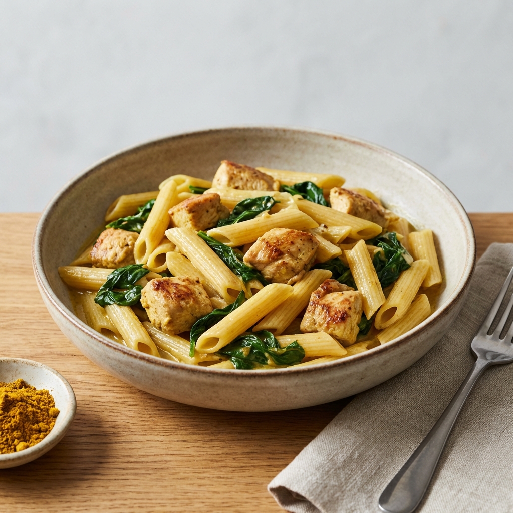 Penne z Kurczakiem, Szpinakiem i Curry