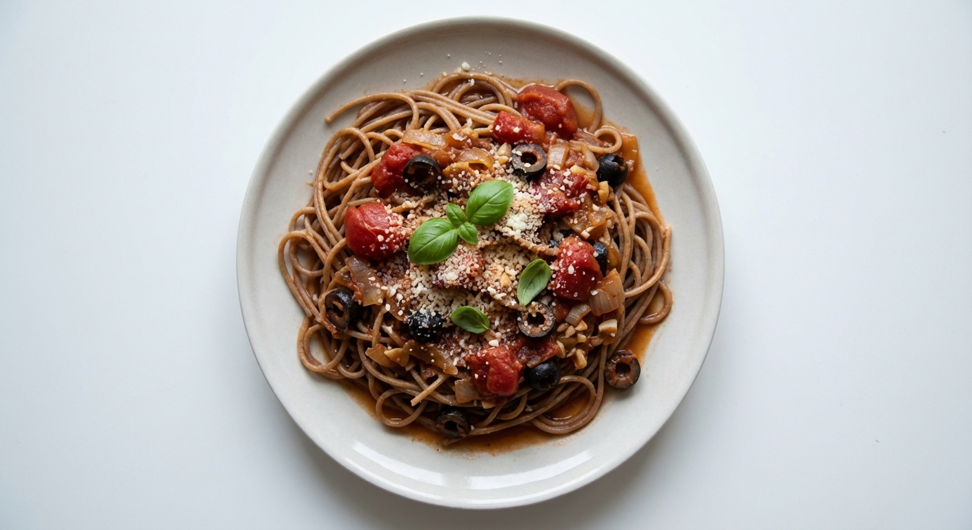 Razowe Spaghetti z Pomidorami i Oliwkami