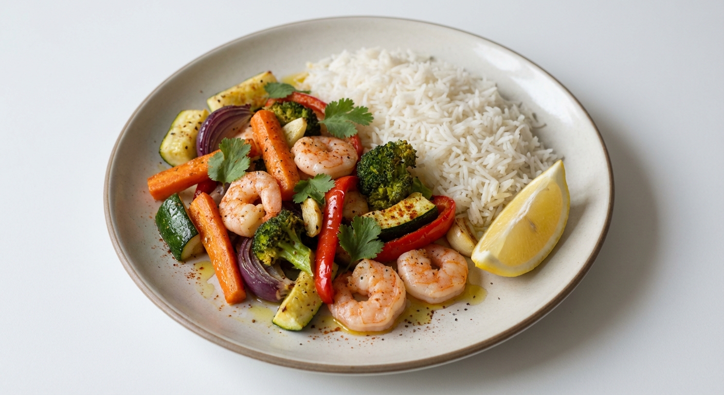 Pieczone krewetki z warzywami i ryżem