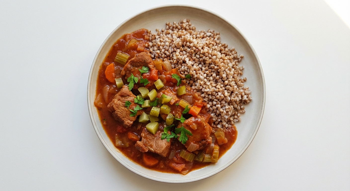 Wieprzowy gulasz z kaszą i ogórkiem