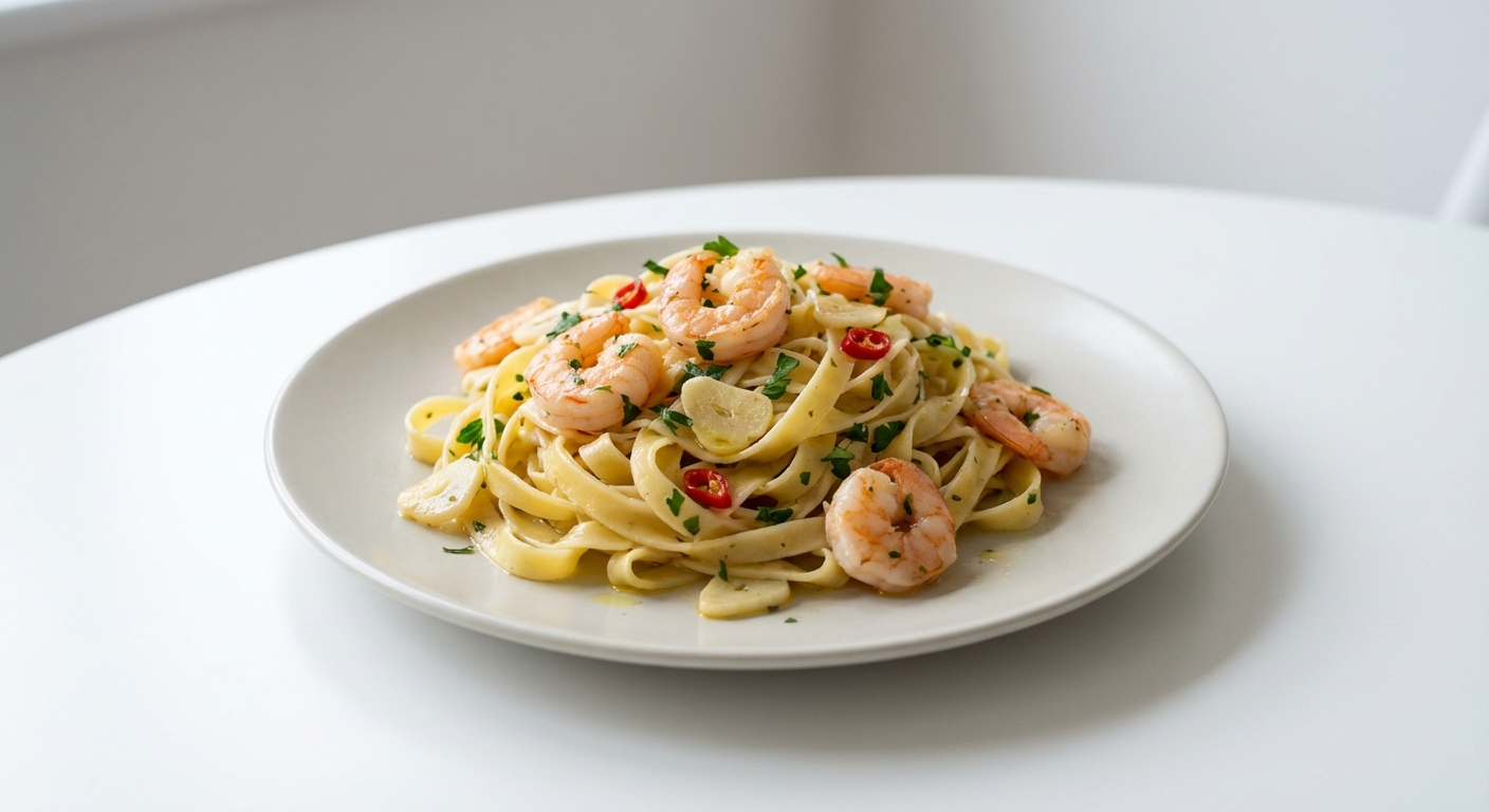 Tagliatelle z krewetkami, czosnkiem i chilli