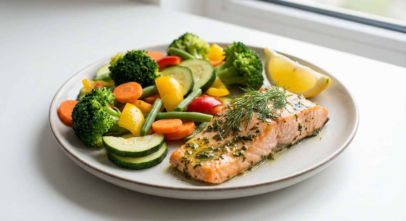 Pieczony łosoś z warzywami na parze