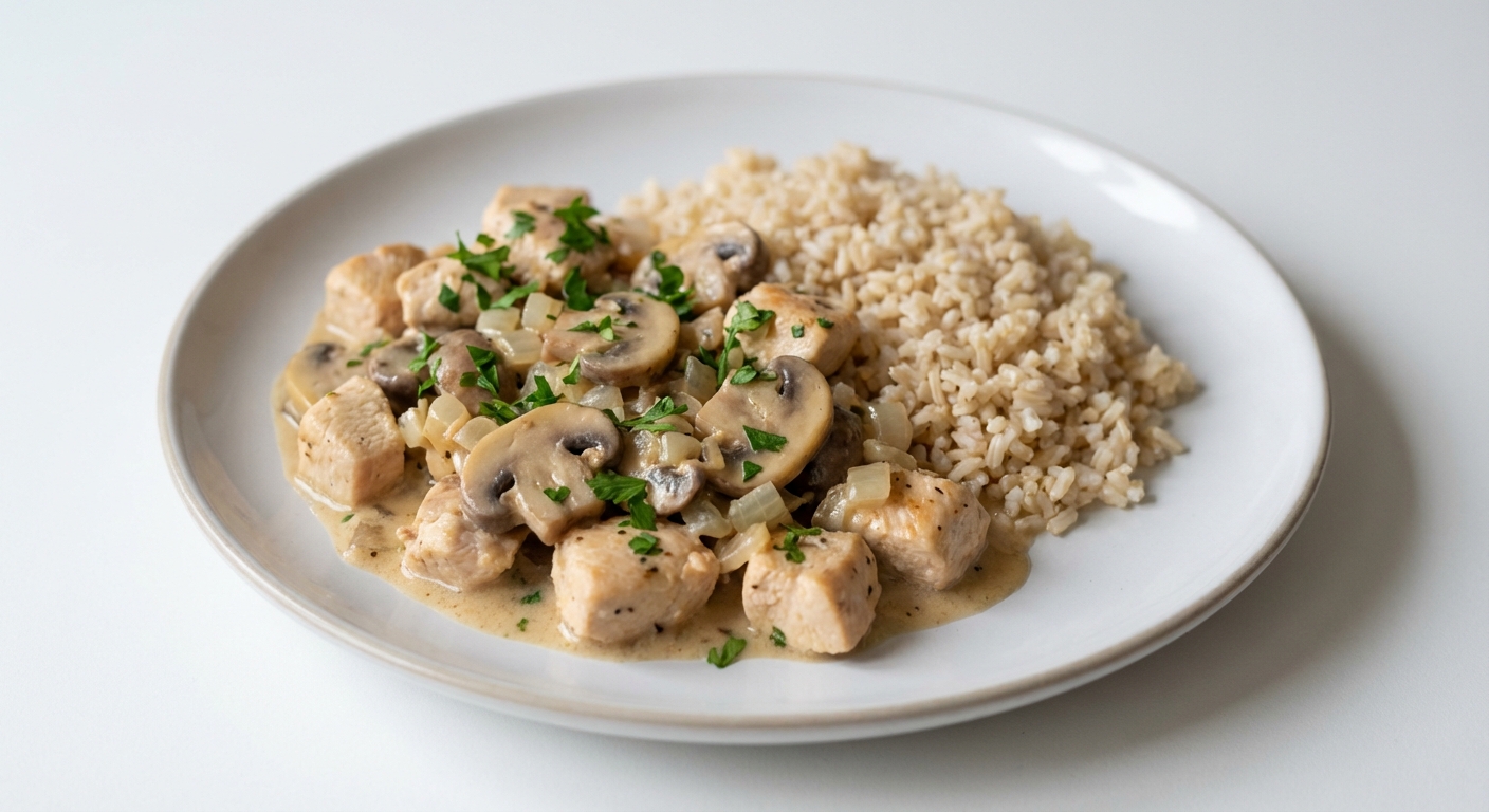 Kurczak w sosie pieczarkowym z ryżem