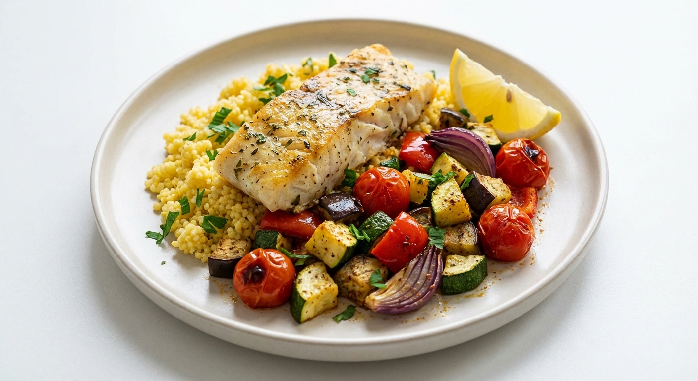 Pieczony dorsz z warzywami i kaszą jaglaną