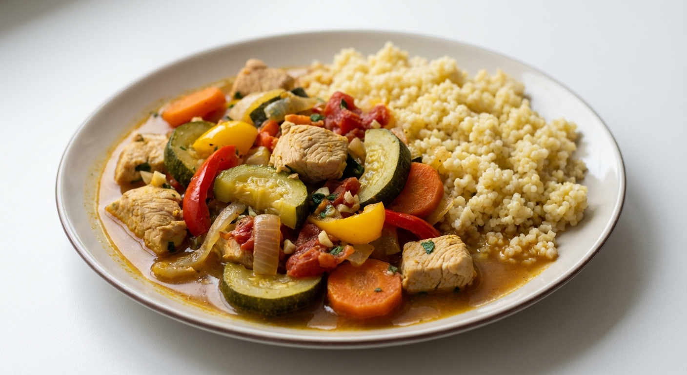 Indyk duszony z warzywami i kaszą jaglaną