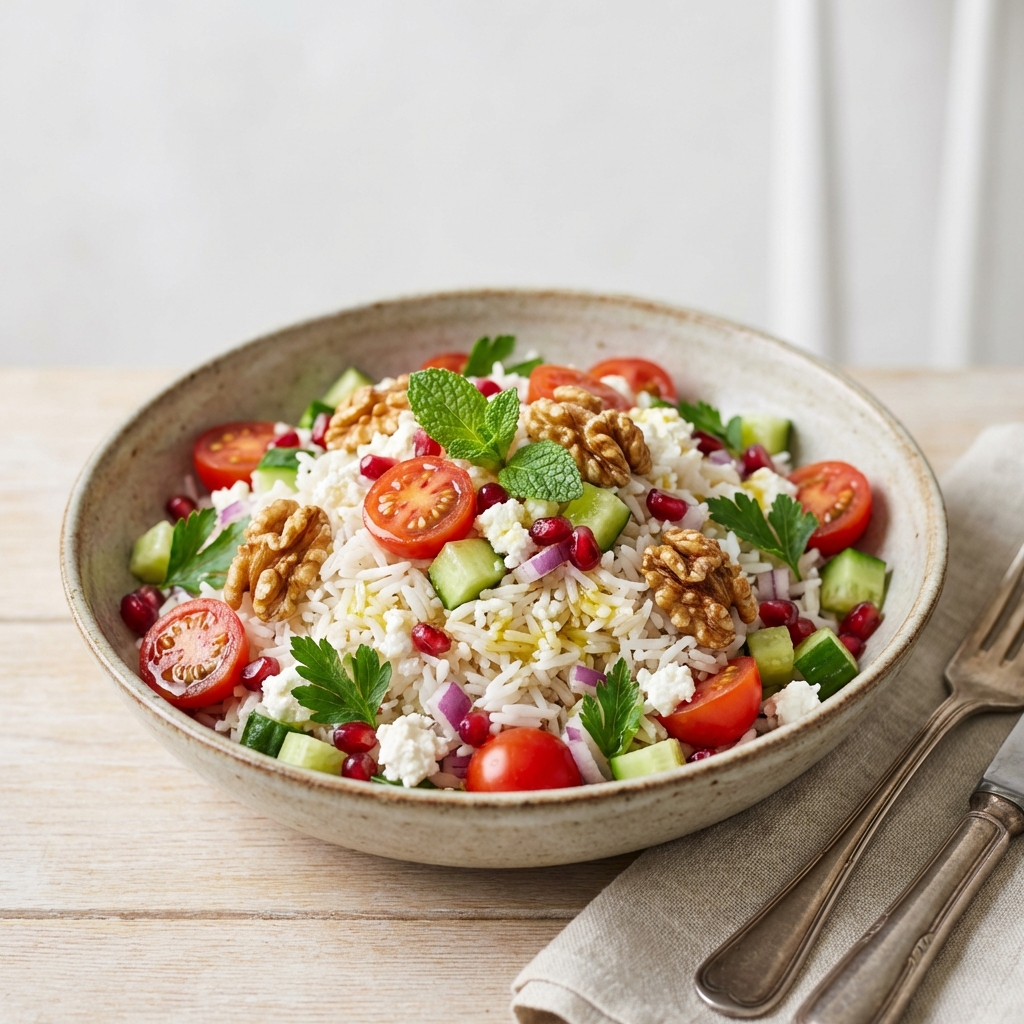 Sałatka z Ryżu, Granatu, Twarogu i Orzechów