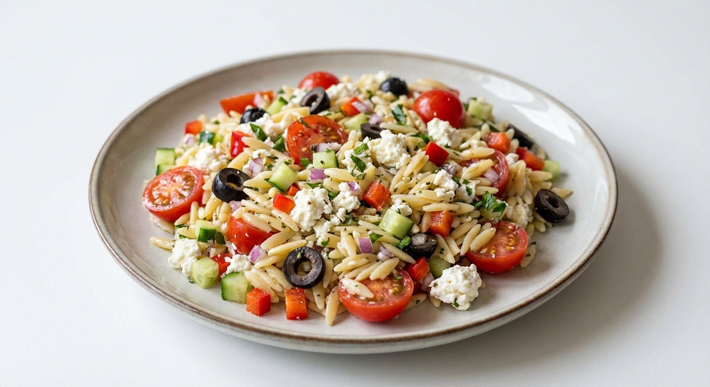 Orzo z Twarogiem, Warzywami i Oliwkami