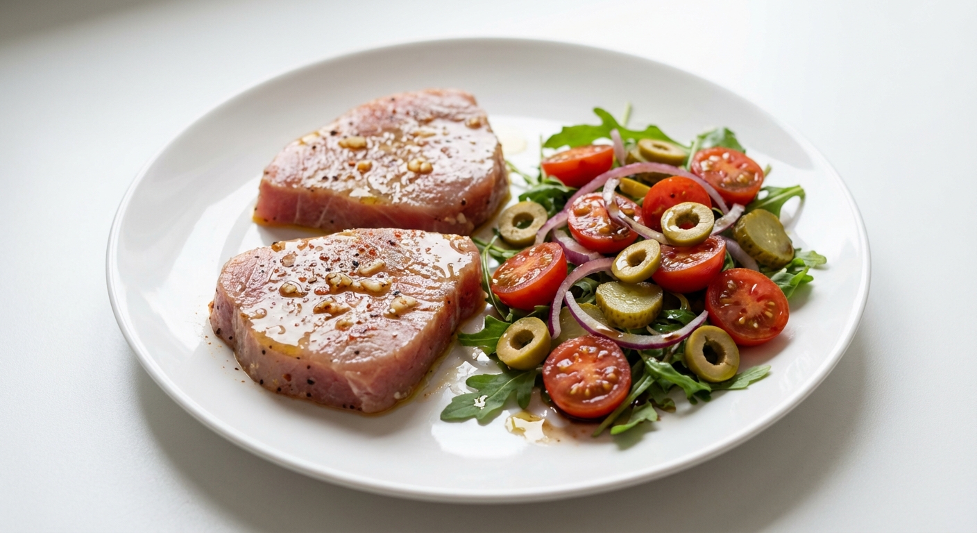 Tuńczyk z Sałatką Pomidorowo-Oliwkową i Rukolą