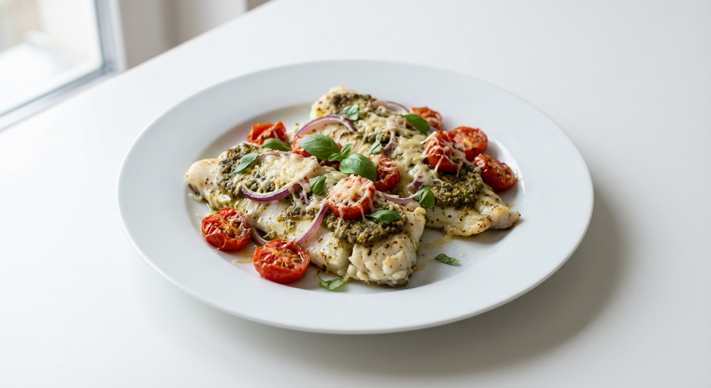 Dorsz z pesto, pomidorami i parmezanem