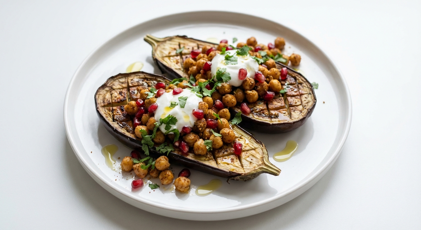 Pieczony Bakłażan z Ciecierzycą i Granatem