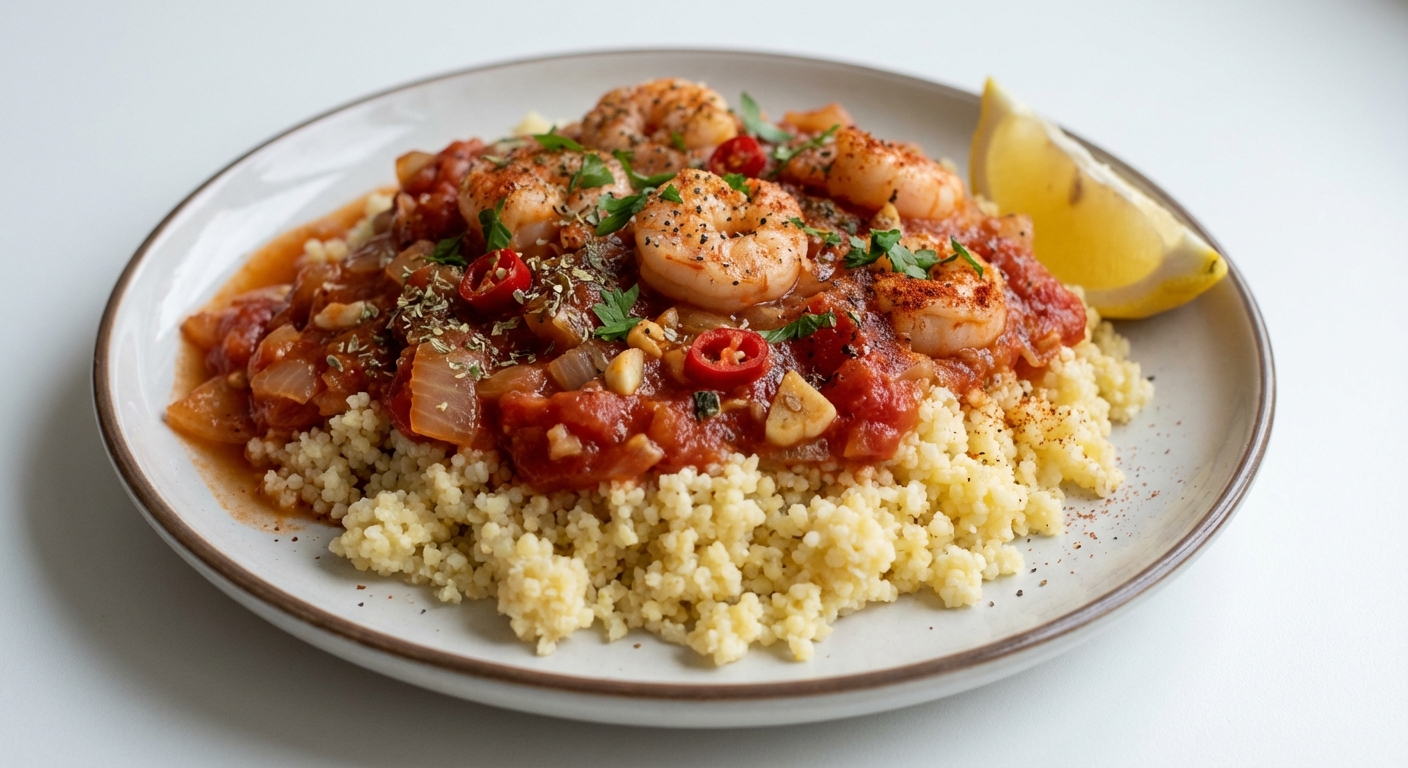 Krewetki w pomidorach na kaszy jaglanej