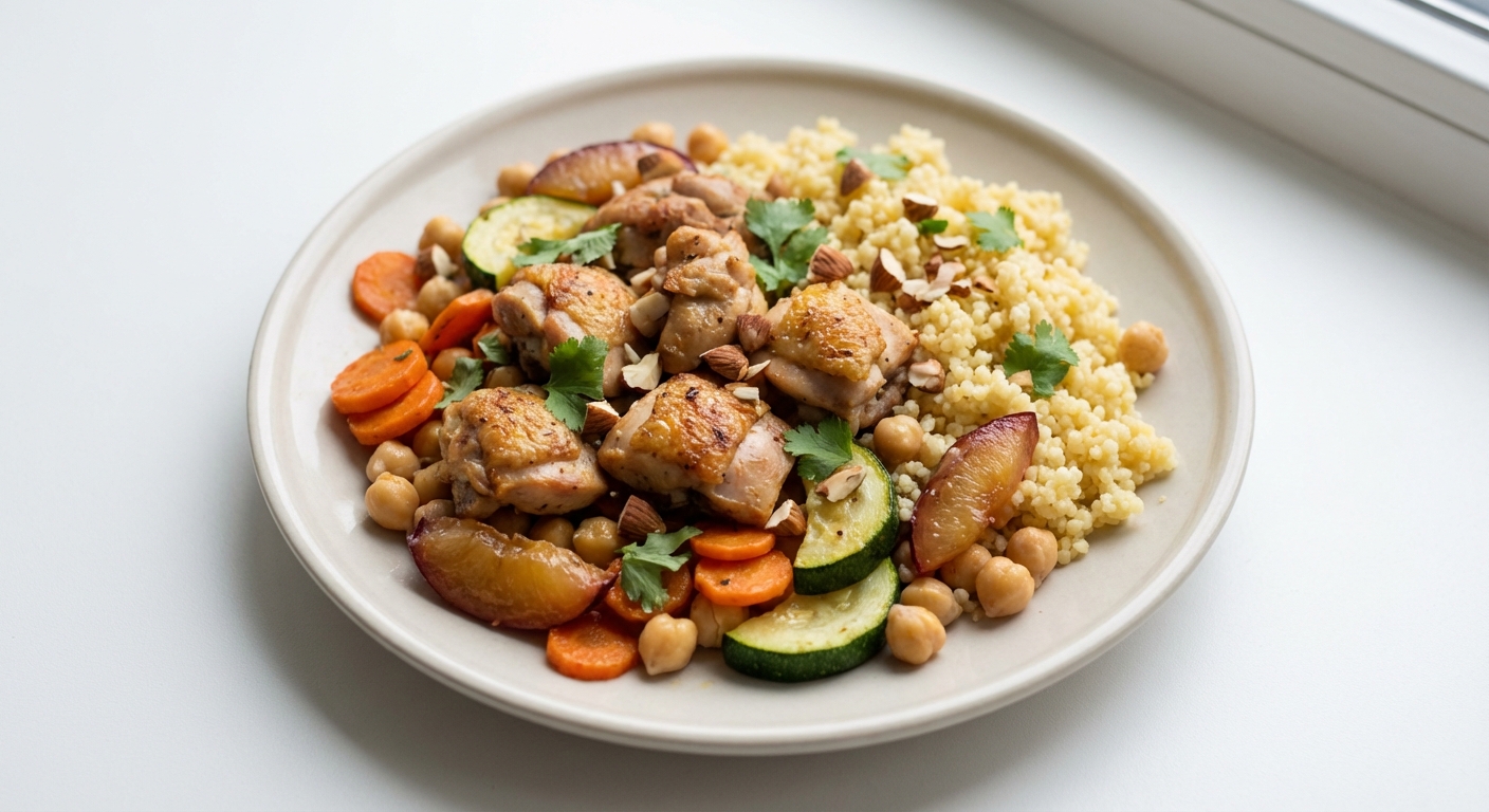 Kurczak z kaszą jaglaną, warzywami i śliwkami