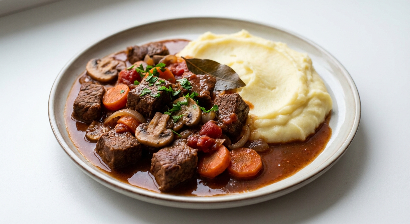 Wołowina duszona w winie z puree