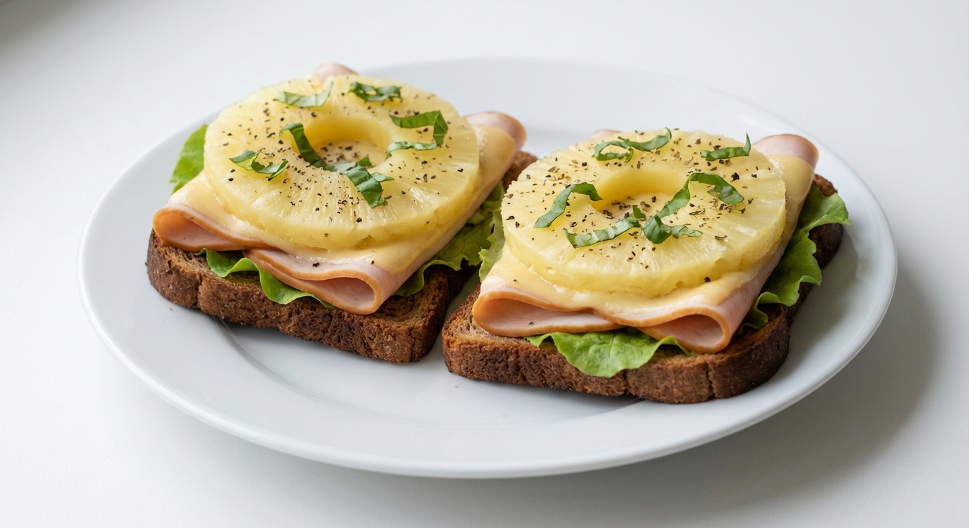 Żytnia kanapka z Goudą, szynką i ananasem