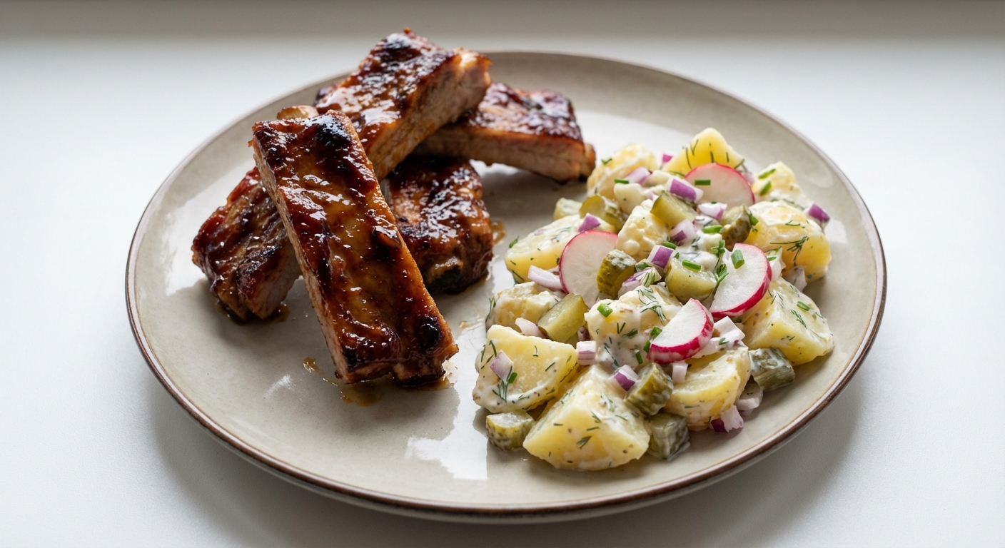 Miodowe Żeberka z Sałatką Ziemniaczaną