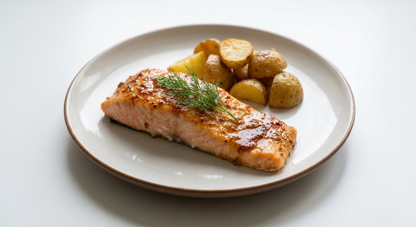 Łosoś w miodowo-musztardowej glazurze z ziemniakami